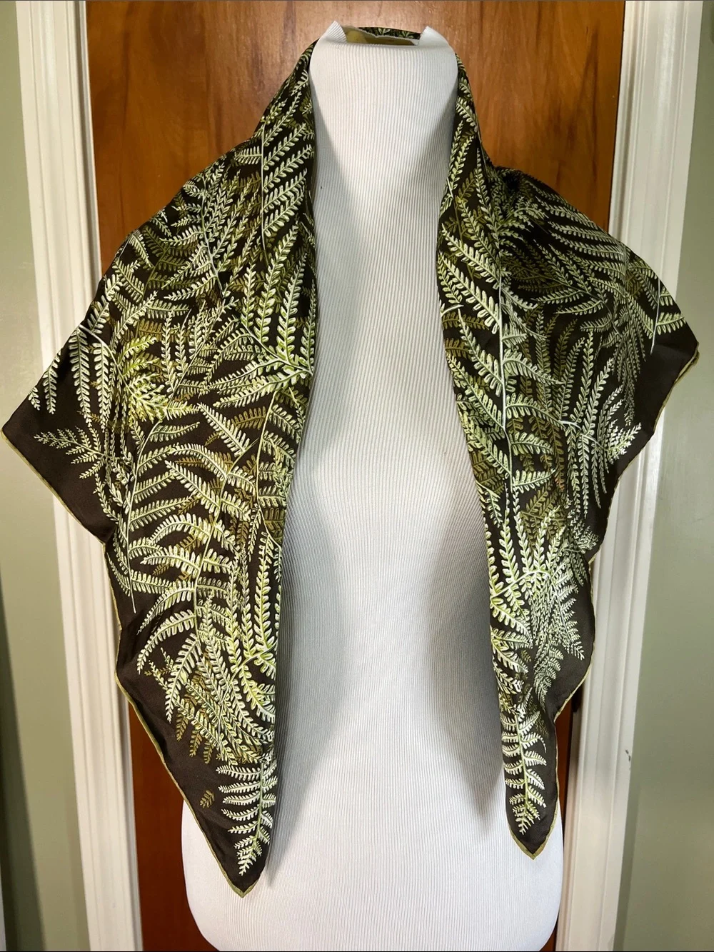Holland & Holland Fern Print Silk Scarf — Brown with Green Ferns